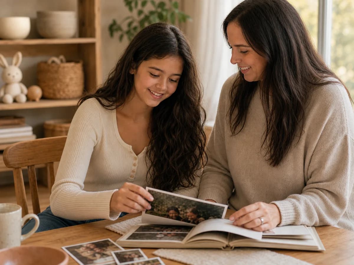Alma adolescente revisando recuerdos familiares con su madre